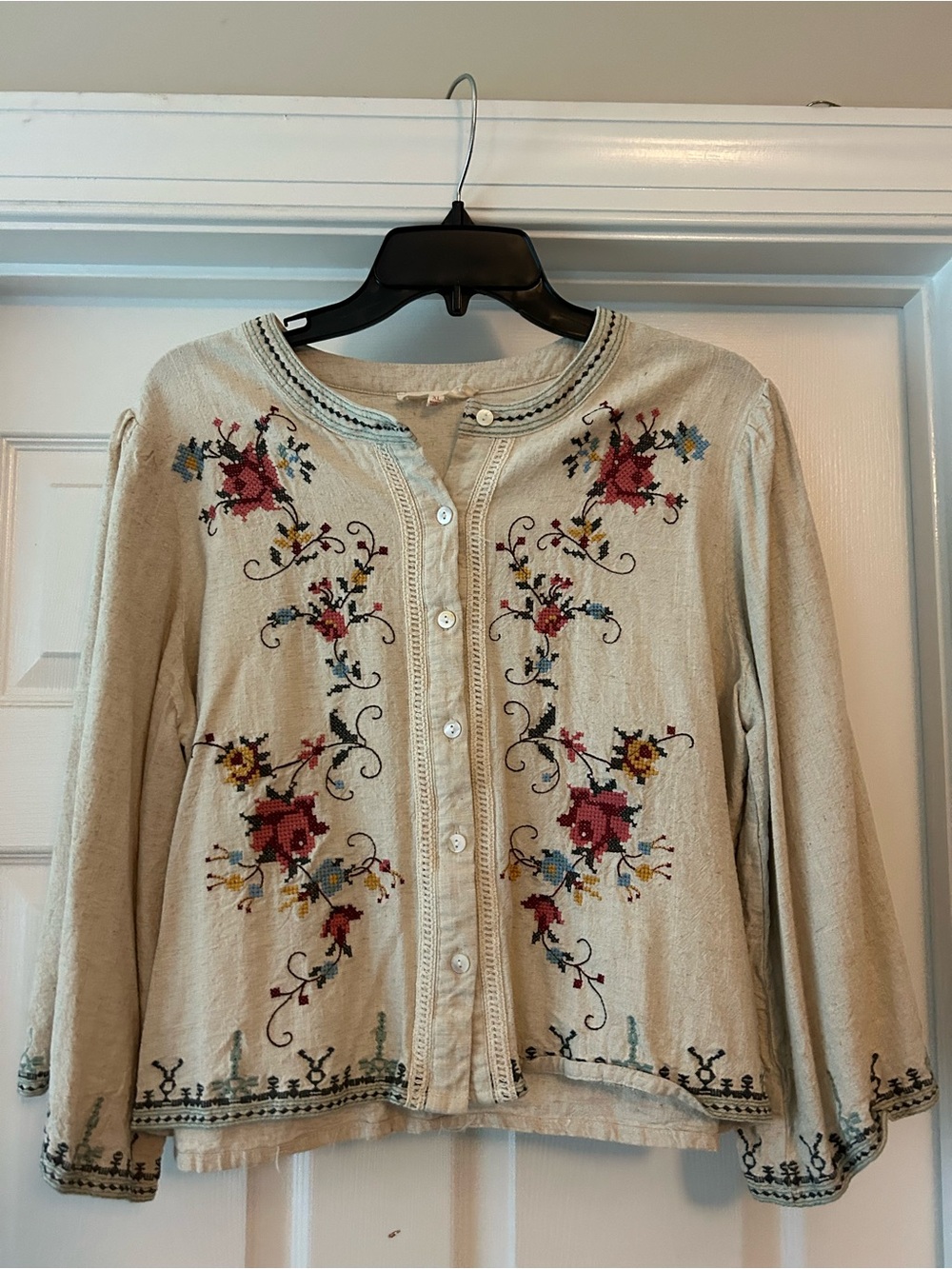 Fits like a medium Embroidered Cream Floral Button-Front Women's Sweater